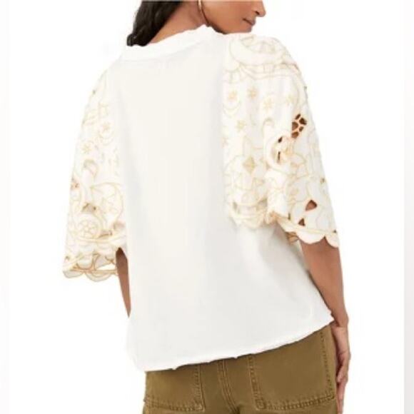 NWT Free People Lace Flare Sleeve Top White Embroidered Trimmed Sleeves S $148 - Picture 3 of 6